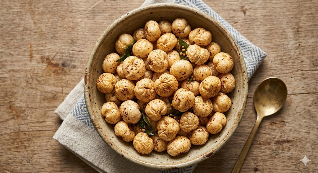 A top-down photograph of a rustic ceramic bowl filled with roasted and spiced fox nuts (Makhana), garnished with curry leaves and mustard seeds, sitting on a wooden surface next to a gold spoon and napkin.