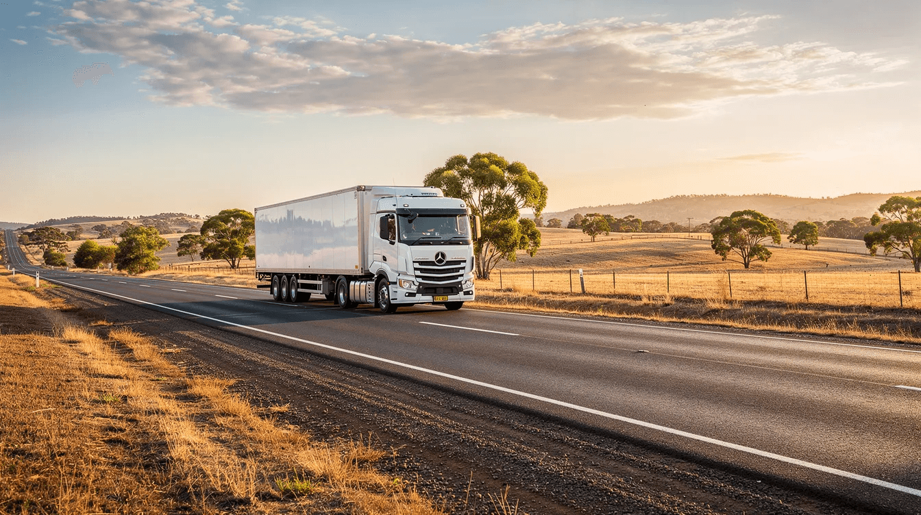 A long-haul transport truck is driving along a regional Australian highway, flanked by expansive farmland under a clear blue sky. This scene highlights the vital role of commercial vehicles in supporting Australian businesses, particularly in asset finance options for acquiring essential assets.