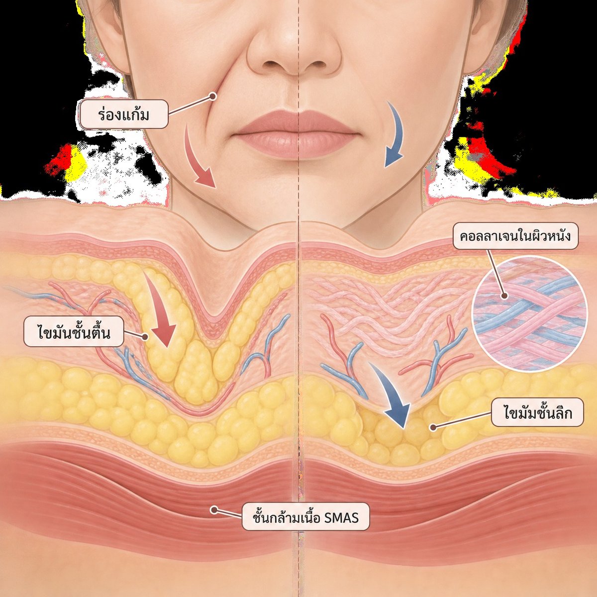 ภาพตัดขวางแสดงความแตกต่างระหว่างการหย่อนของเนื้อเยื่อกับการสูญเสียวอลลุ่มในบริเวณร่องแก้ม