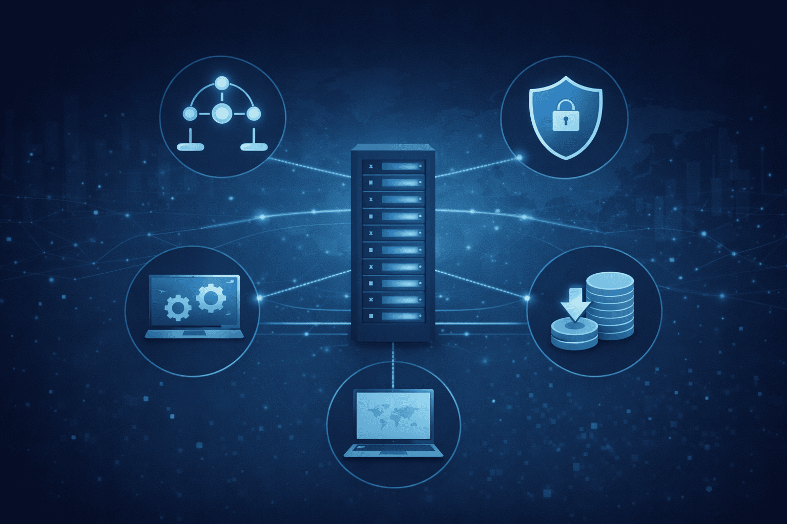 Server-based computing benefits illustrated with a central server and connected system icons