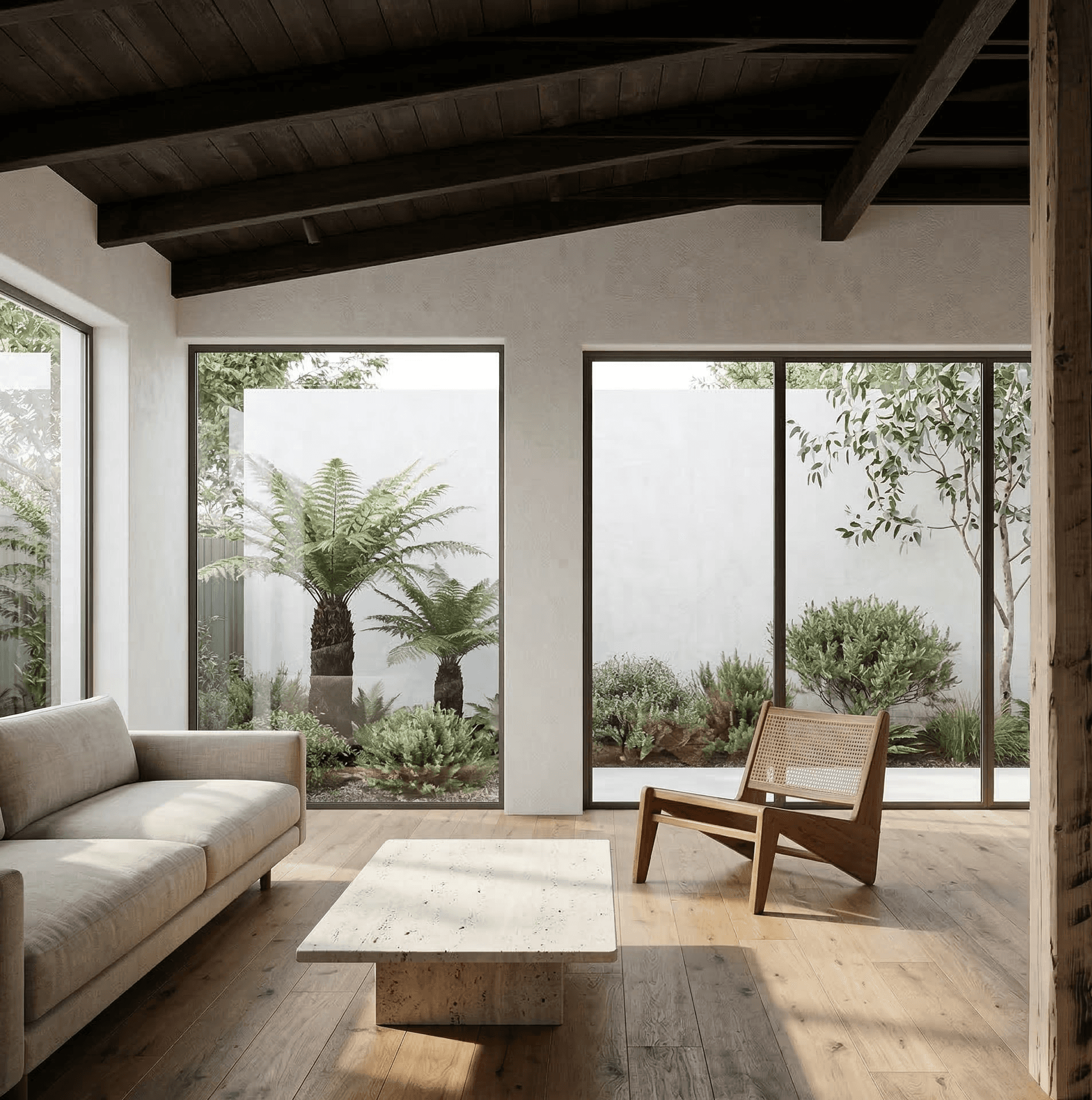 Dark brown corridor with curved walls, floor lighting, and elegant chandeliers.