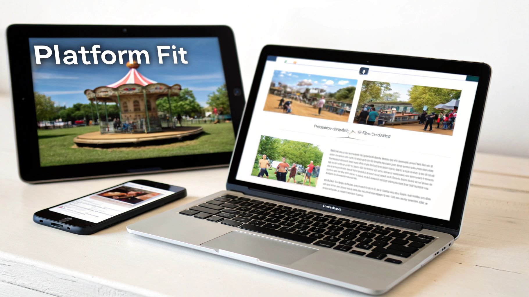 Multiple digital devices: a tablet, laptop, and smartphone, displaying diverse content and platform fit.