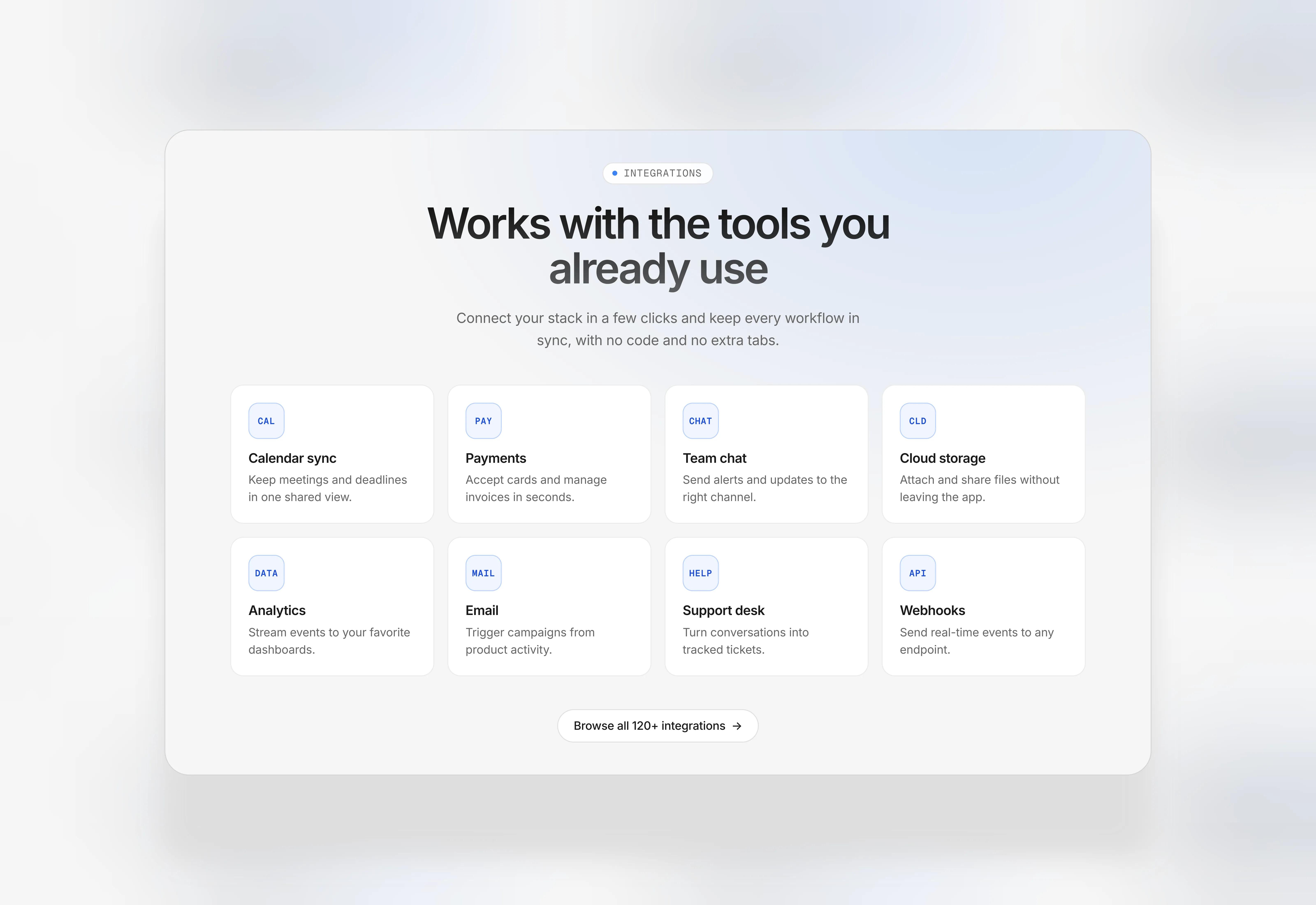 Light themed integration grid section for Framer site.