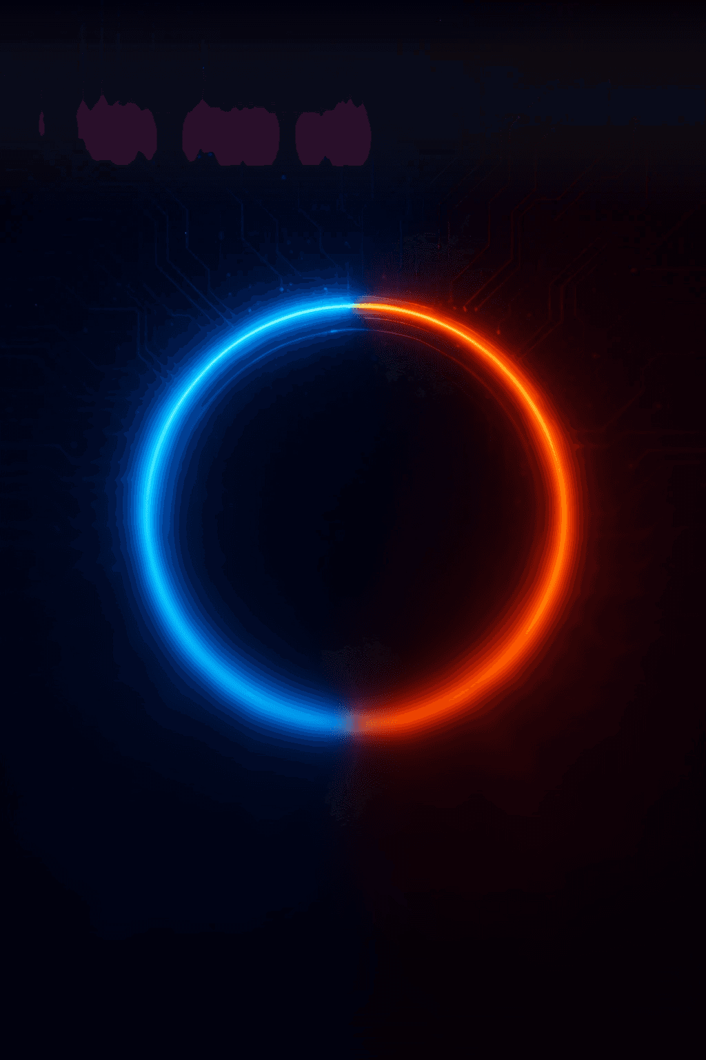 A sleek, minimalist wallpaper features a perfect circle, split evenly with a vibrant blue glow on the left and a fiery orange glow on the right. The background is a dark, almost black, color with subtle, intricate circuit board patterns in a faint blue, suggesting a high-tech, digital theme. The contrast between the cool blue and warm orange creates a striking visual balance.