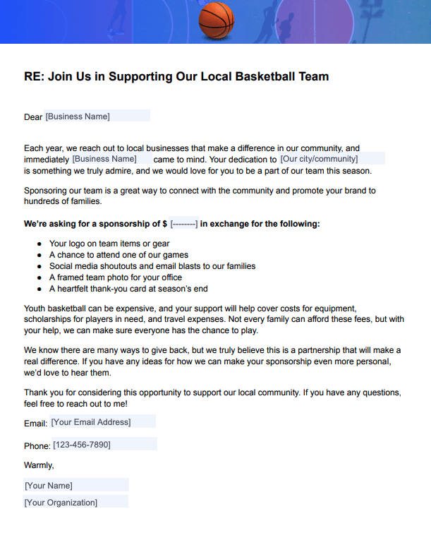 Basketball Sponsorship Letter Template