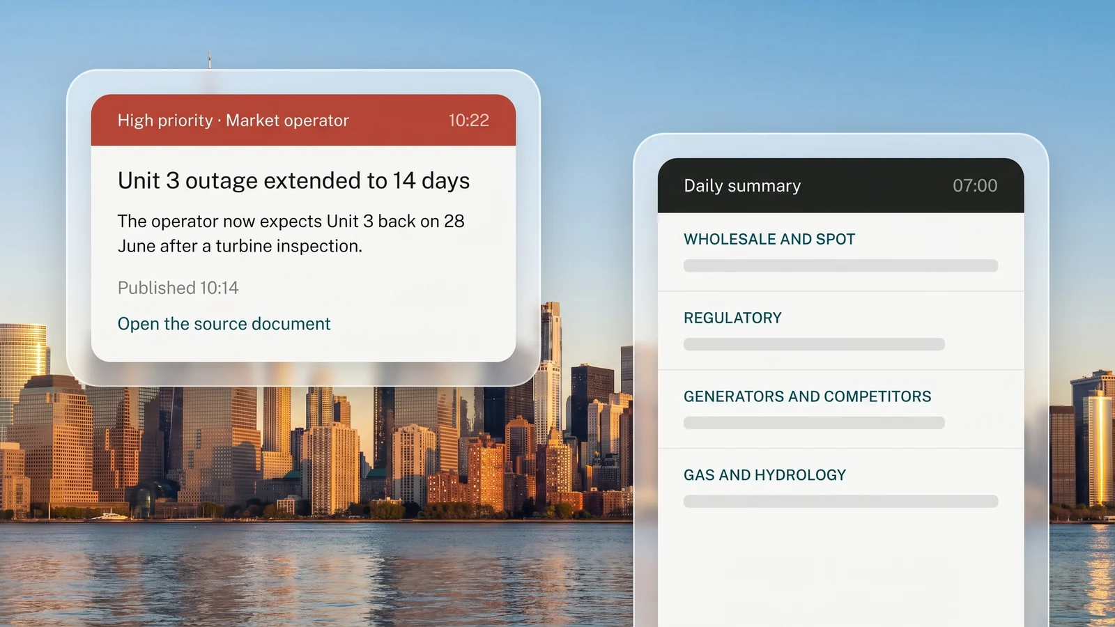 A high-priority alert sent as it happened with a short summary and the source, beside the scheduled summary that gathers everything else