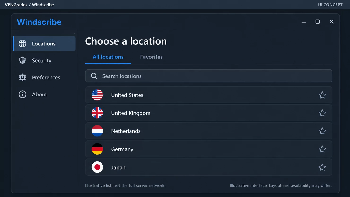 Windscribe: a location picker concept (illustration).