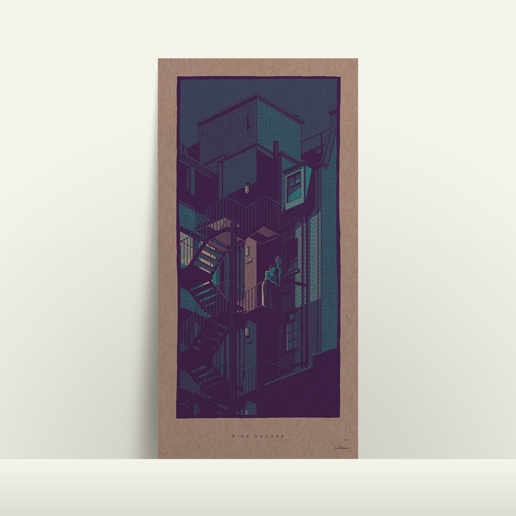 Illustration of lady smoking on fire escape in London block by Hyde Park | Art prints of iconic uk landmarks for sale by Liam Devereux