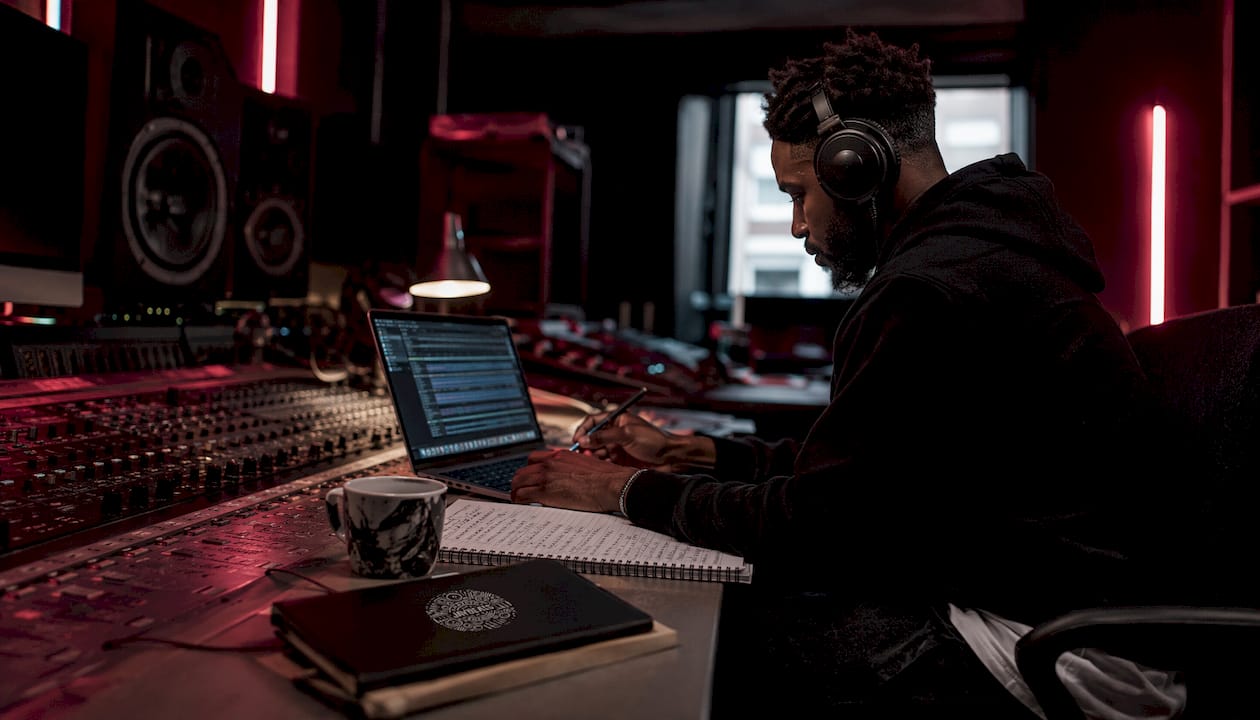Producer editing audio stems in studio