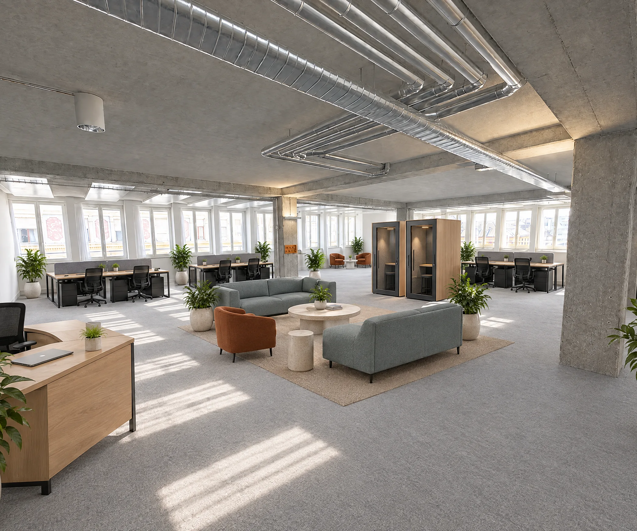 Visualisierung einer eingerichteten Bürofläche mit Arbeitsplätzen und Lounge