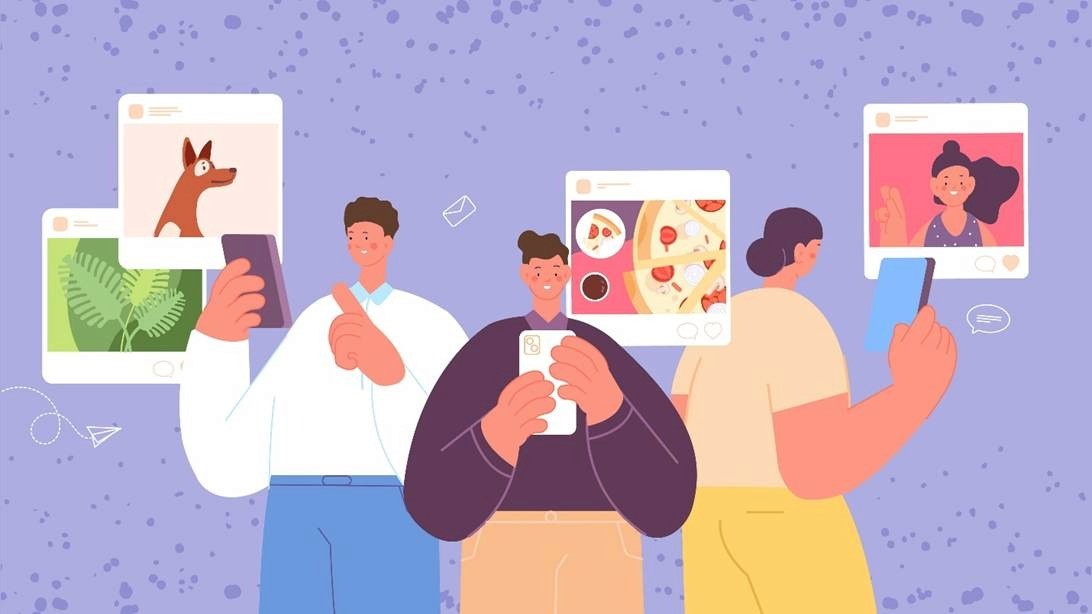 Illustration of three people scrolling smartphones with social media content posts floating around them, representing user-generated content and creator engagement