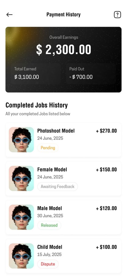 ANT Talent app payment history screen