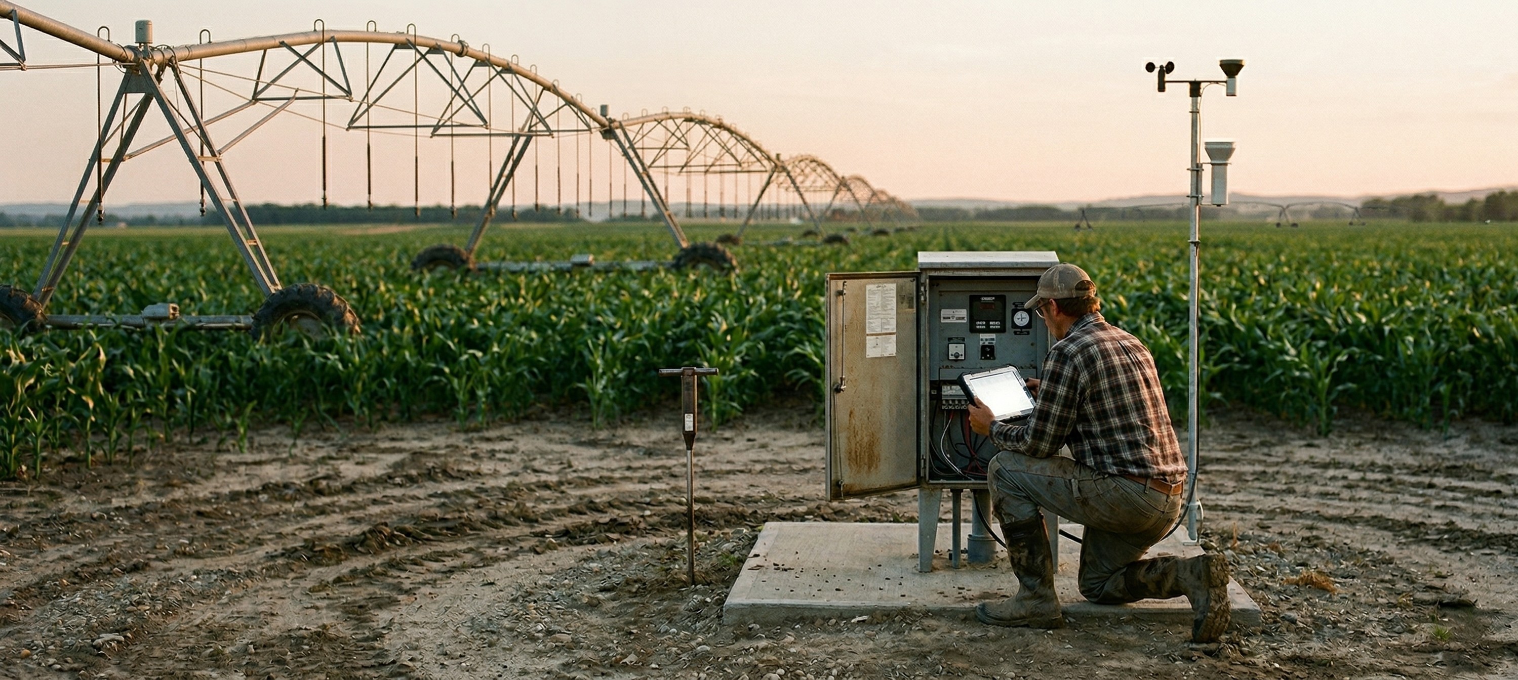 farm operator at metal box, irrigaiton in back