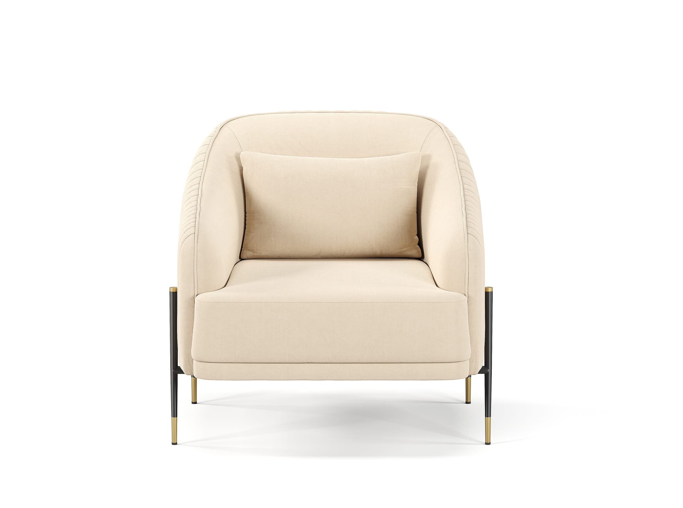 Front view 3D render of accent chair with cushioned seat and rounded backrest