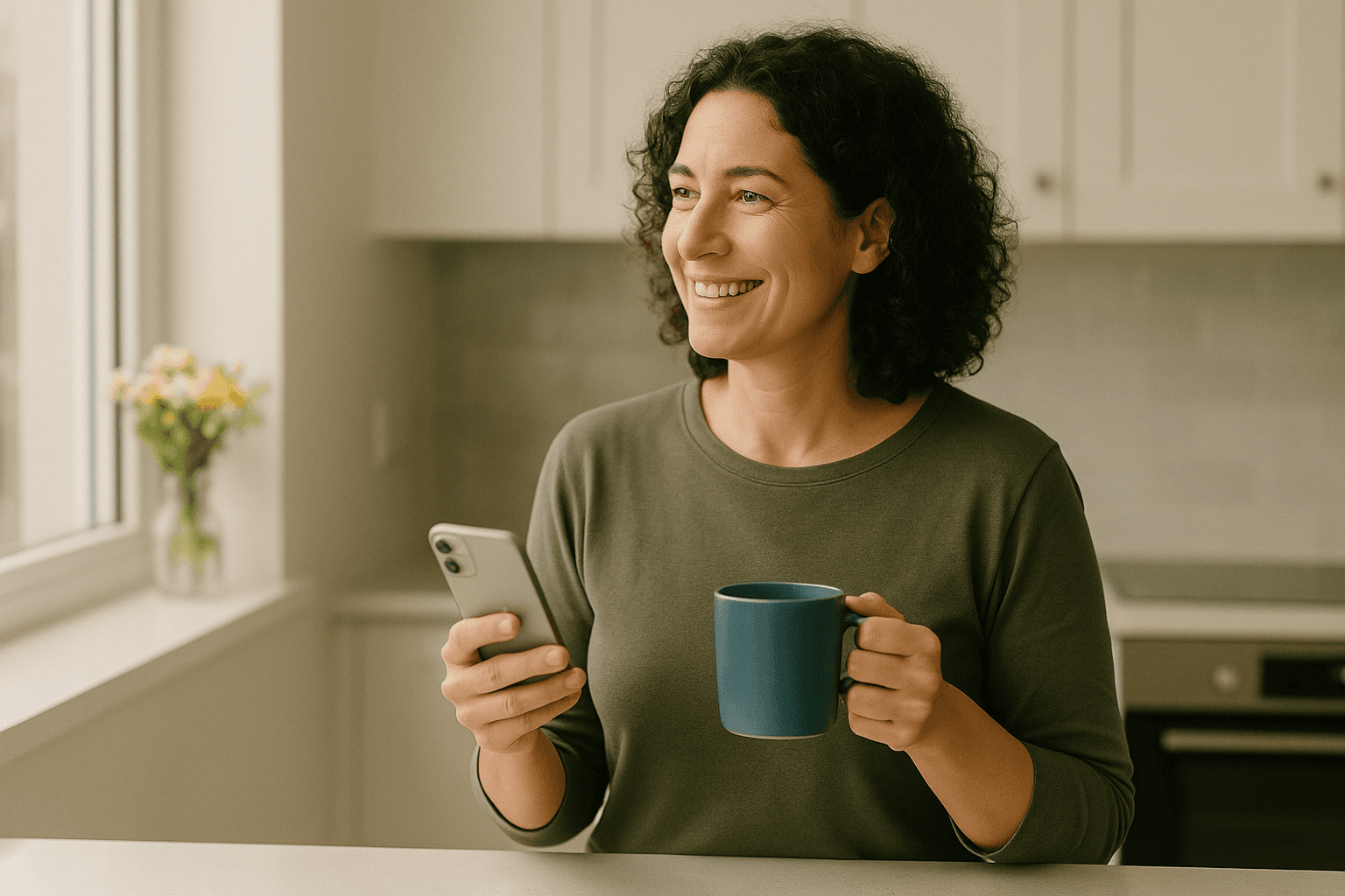 A smiling woman looking at a tablet, with overlaid chat bubbles showing an AI agent answering a delivery question.