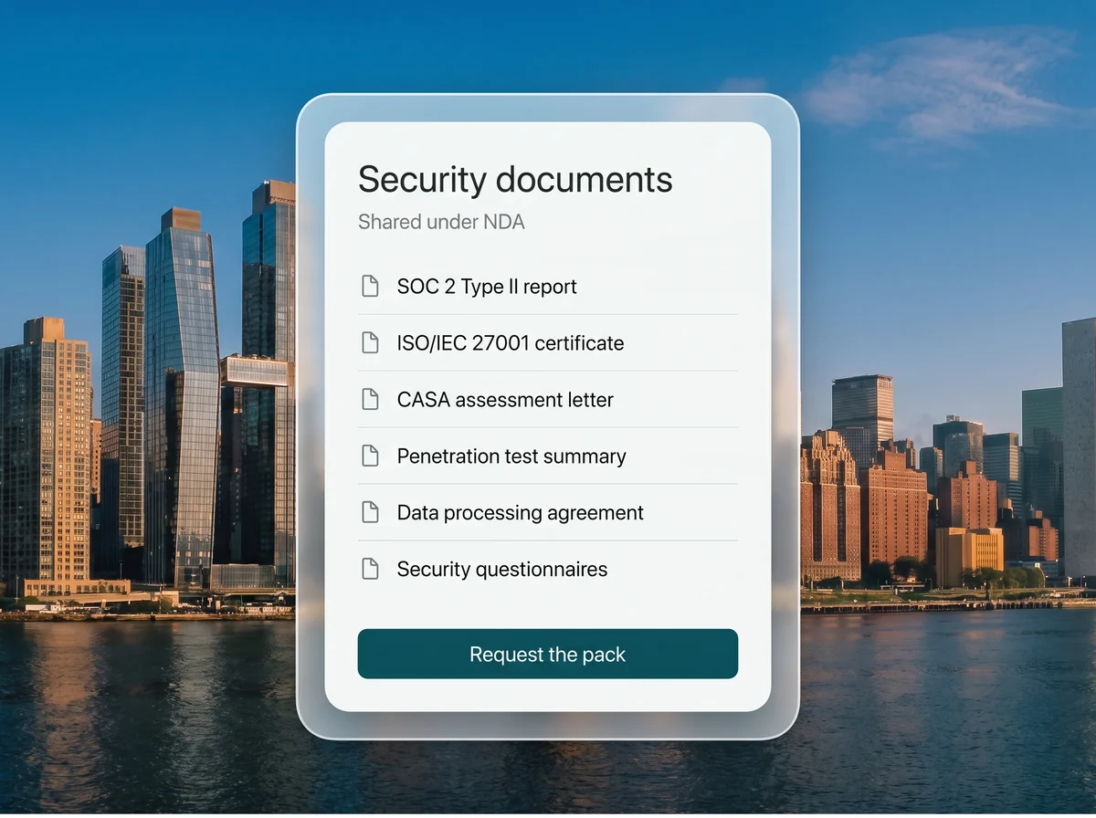 The security document pack: the SOC 2 Type II report, the ISO/IEC 27001 certificate, the CASA letter, a penetration test summary, the data processing agreement and completed questionnaires