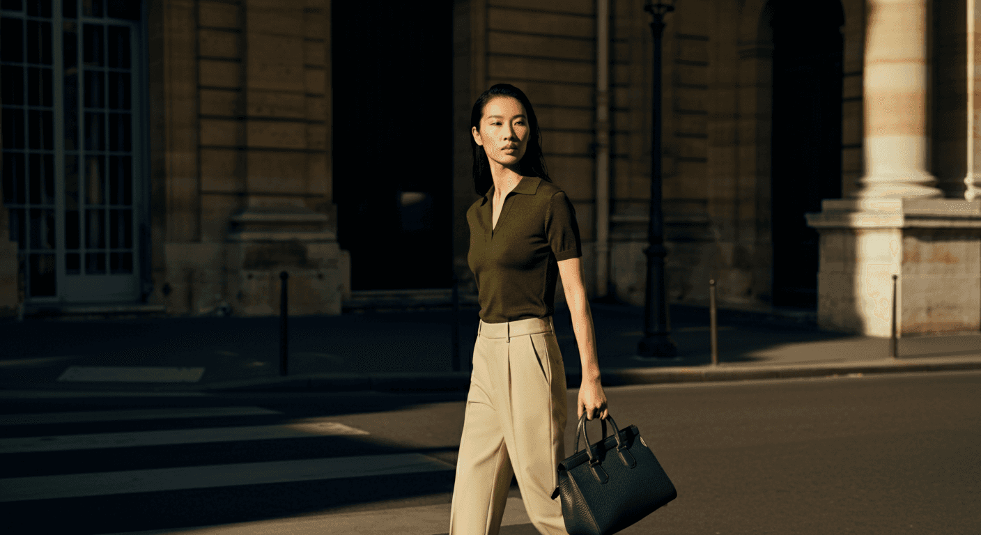 Asian woman walking down the street with a green handbag.