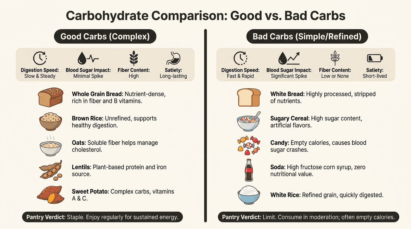 Side-by-side infographic comparing good carbs and bad carbs with food icons