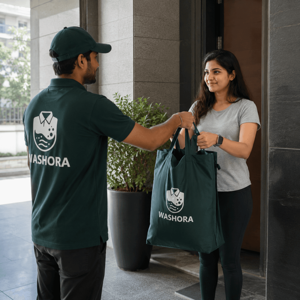 Laundry pickup and delivery in Gurgaon by Washora with a branded laundry bag collected from a customer’s doorstep.