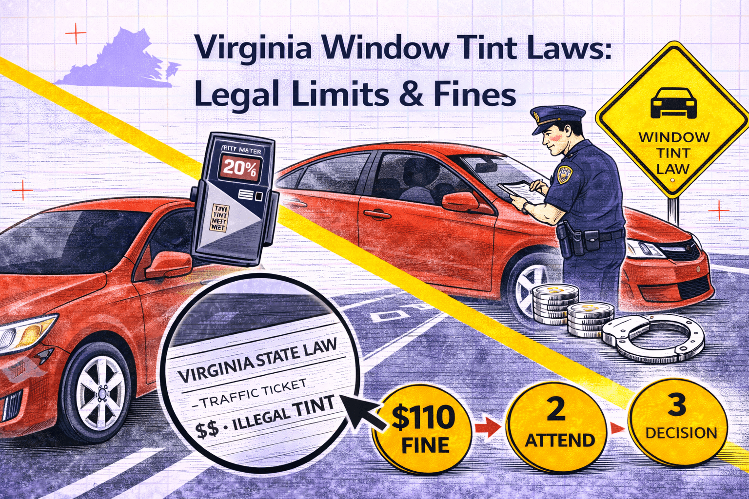 Virginia window tint laws infographic showing legal limits, fines, and enforcement details