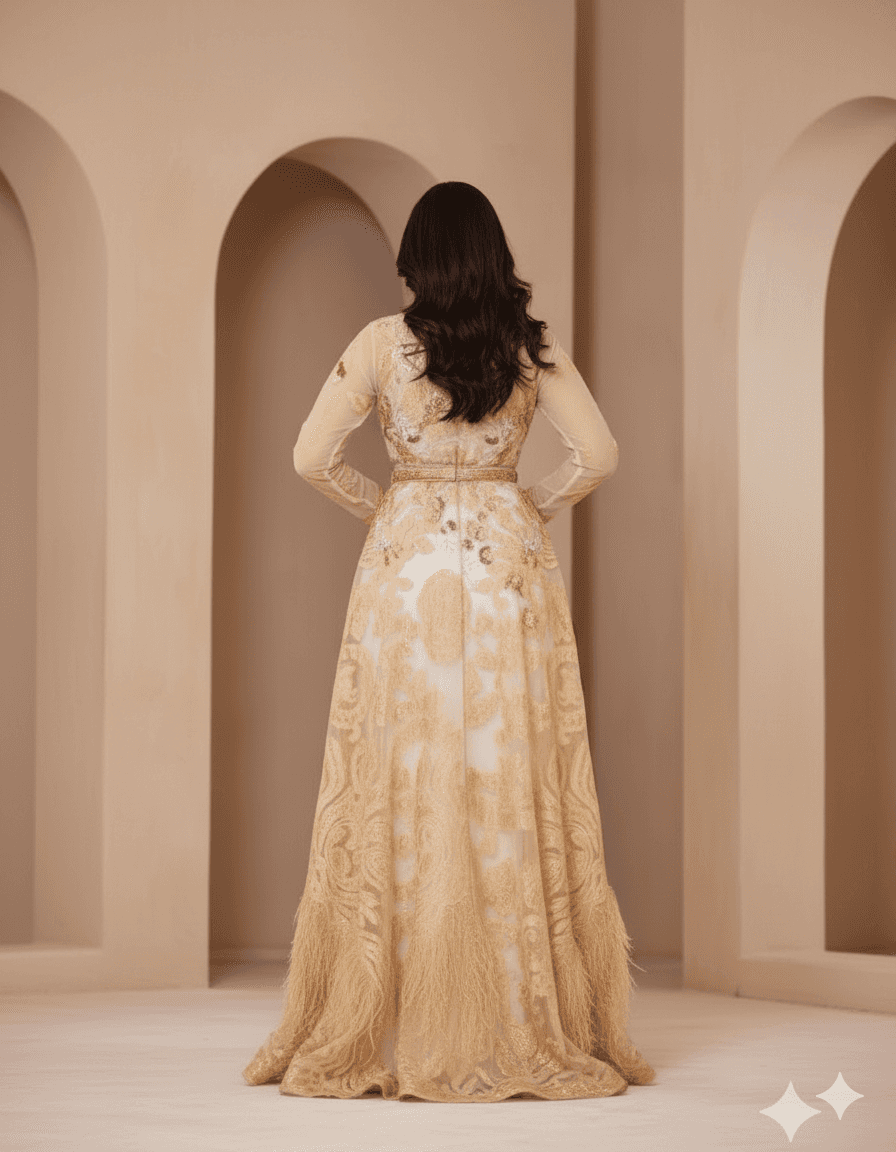 Beige and gold Moroccan caftan with intricate embroidery, handmade luxury caftan crafted in Morocco and Bahrain