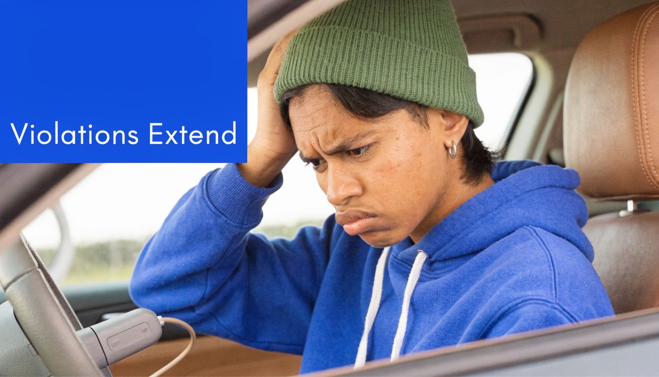A concerned young person sitting in a car seat while looking at an ignition interlock device.