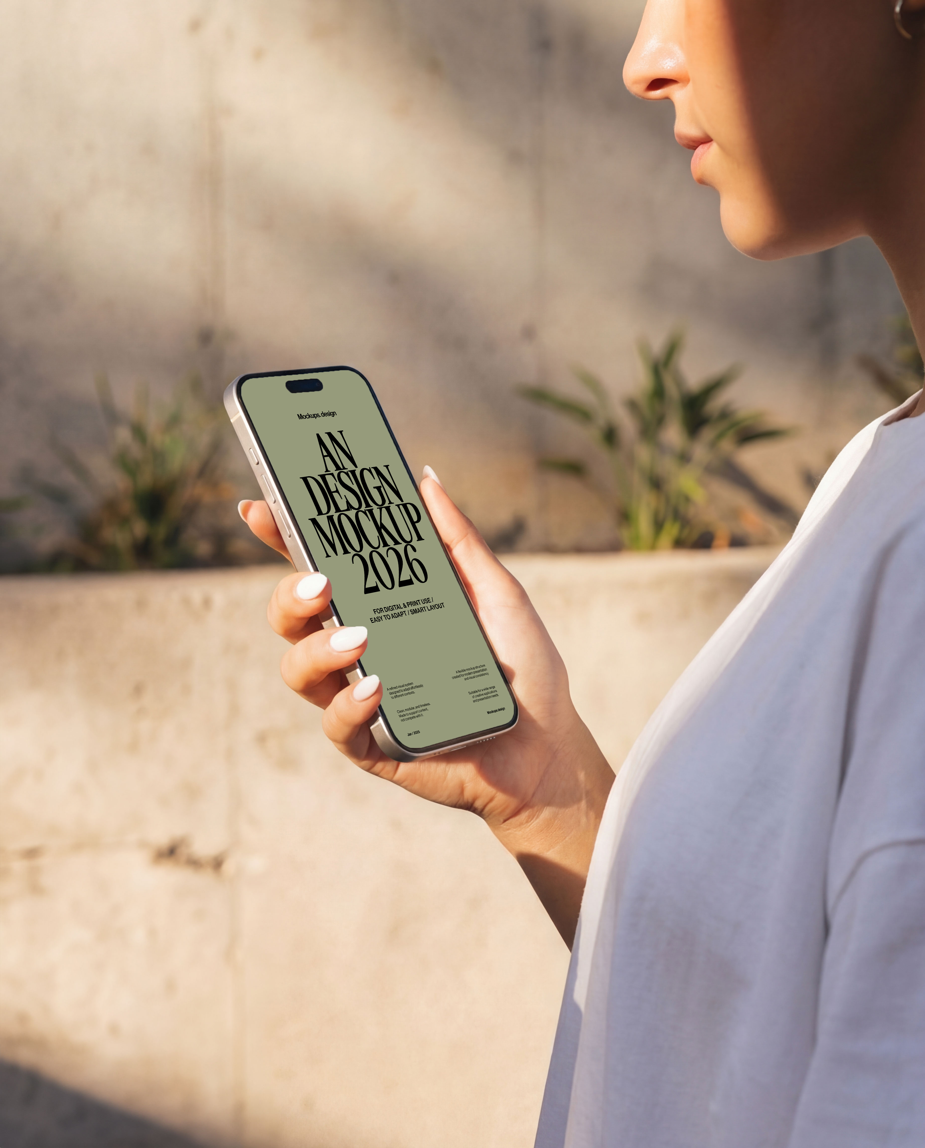 Woman holding iPhone 16 mockup, natural lifestyle pose