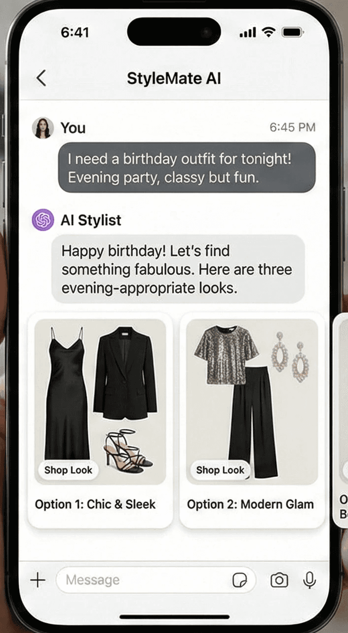 Screenshot of BRB AI-Stylist recommending fashion items in the app