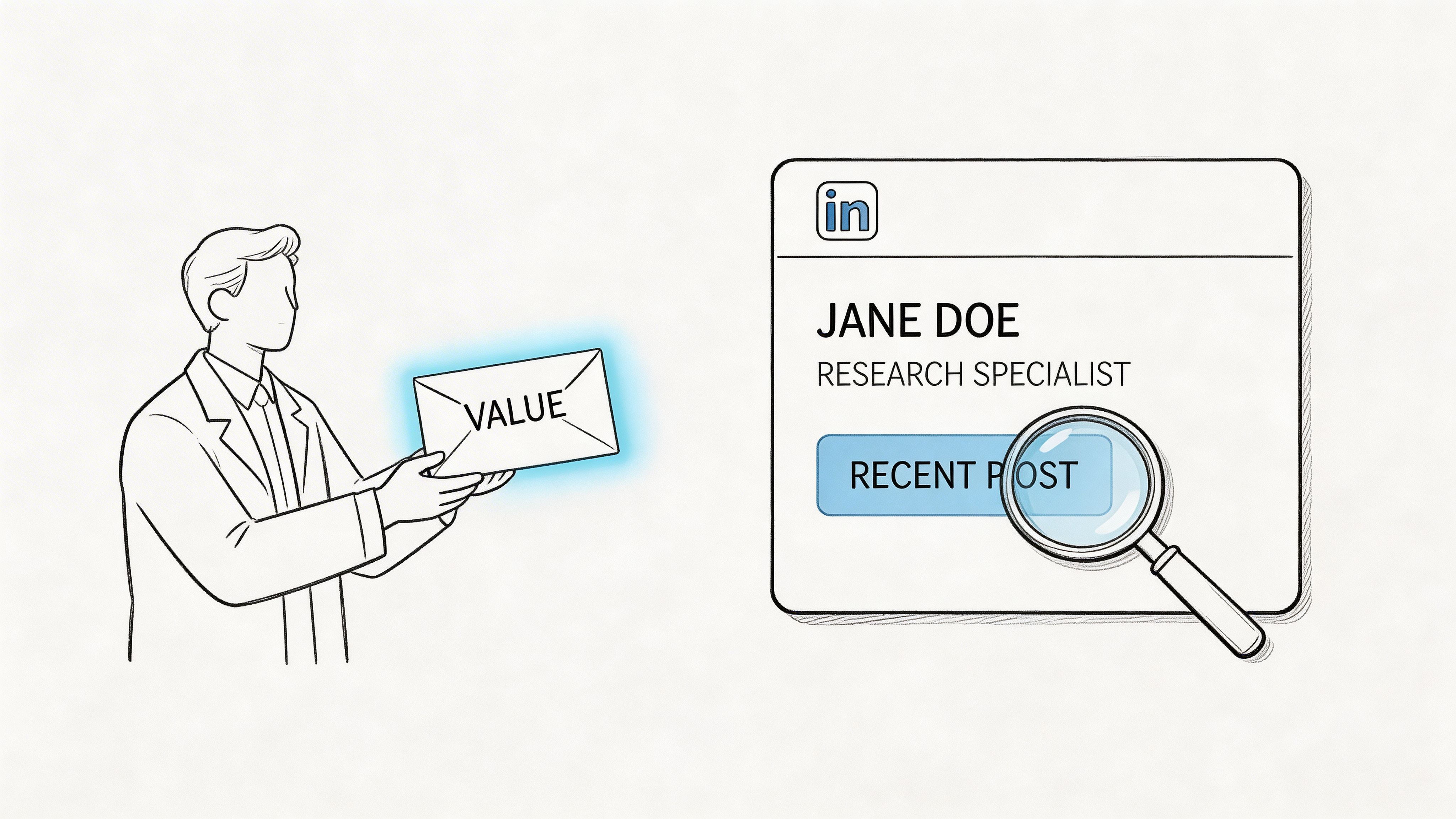 A line-art illustration showing a professional holding a letter labeled value, targeting a LinkedIn profile.