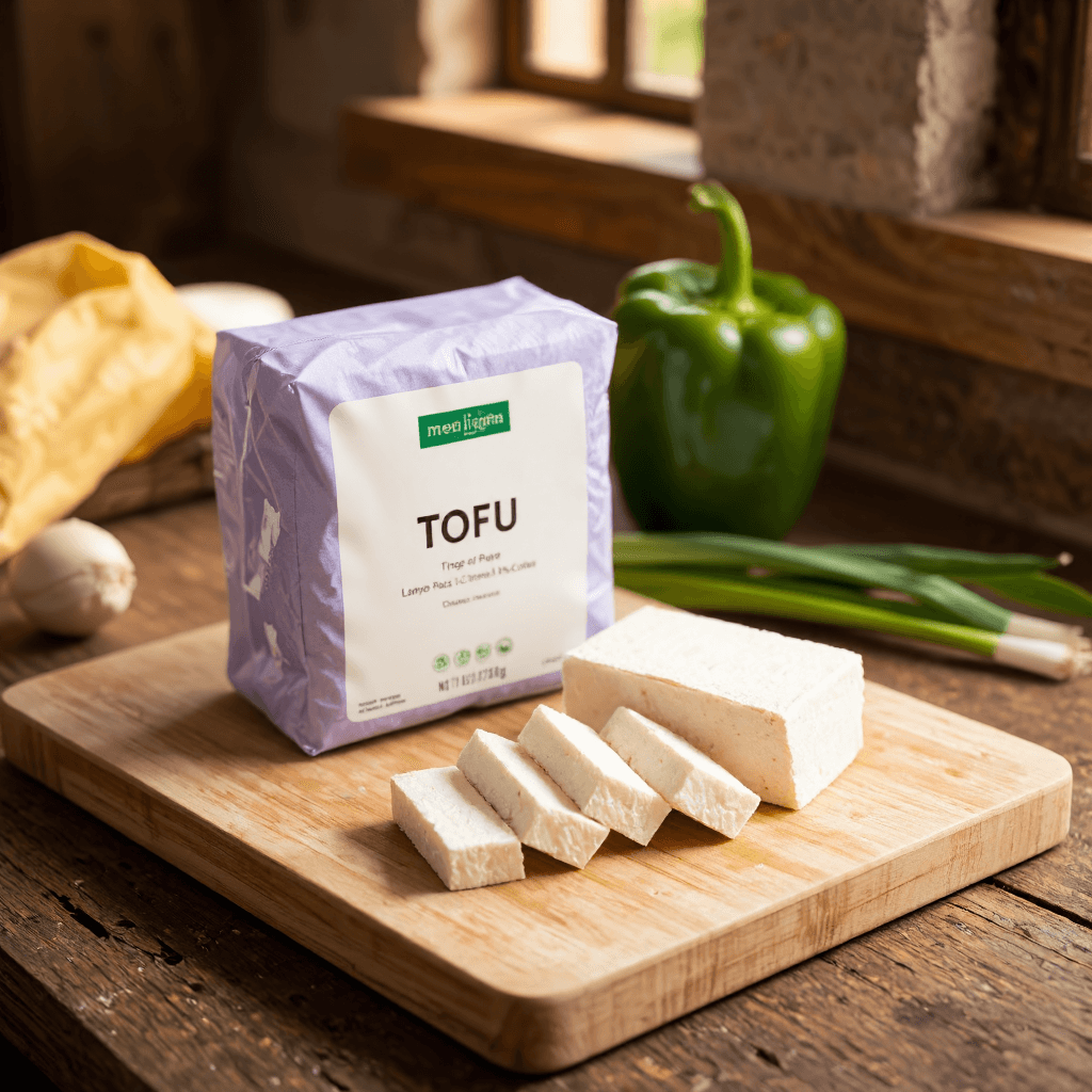 product photography of a package of tofu, used for cooking and as a protein source, with slices displayed on a plate