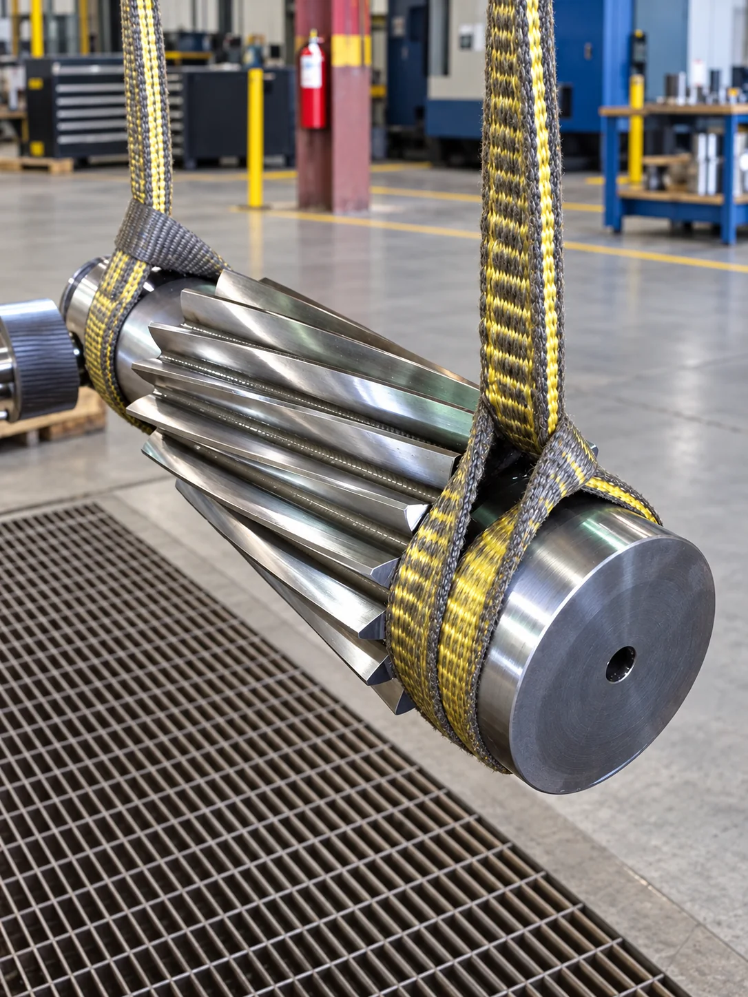 Helical gear shaft suspended in lifting slings for inspection