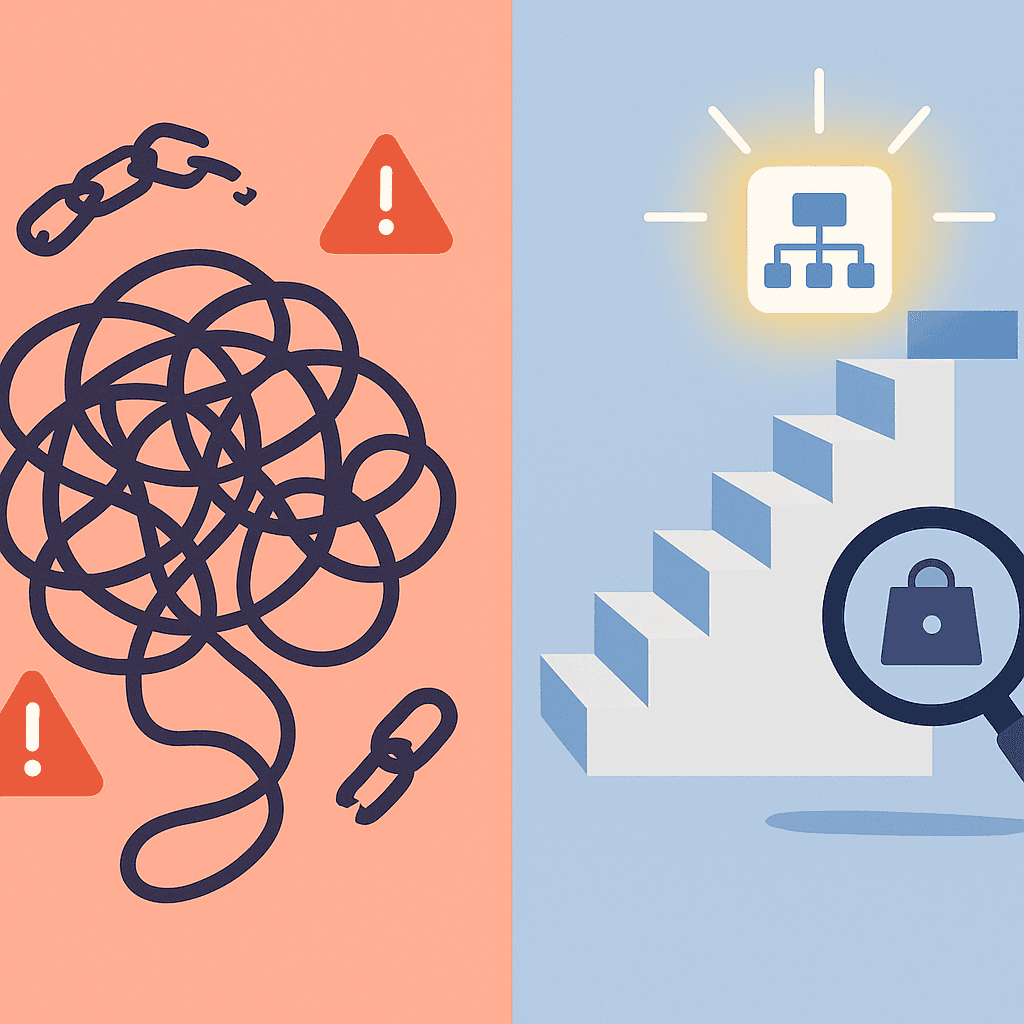 Split-screen showing chaotic pitfalls on left and structured SEO pathway on right