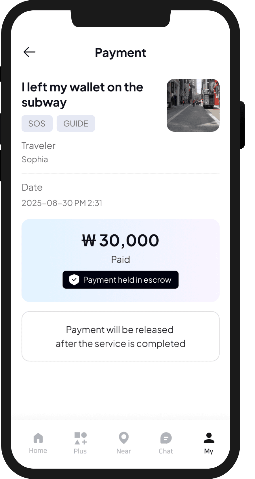 HeyLocal map view displaying service markers—Storage, SOS, Guide, Language—around Seoul City Hall, with a search bar at the top, a “Register as a local” call-to-action button, and footer showing “Local List 5.”