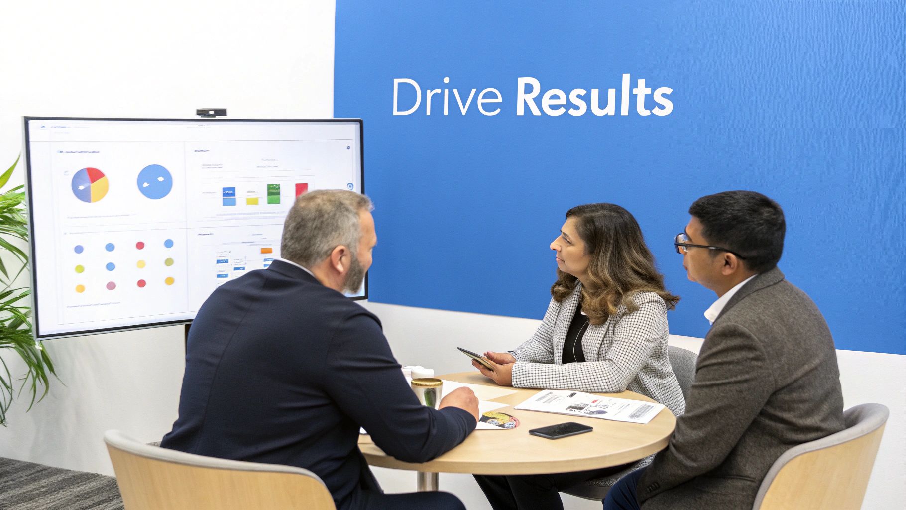Three professionals discuss data analytics displayed on a large screen in a modern office.