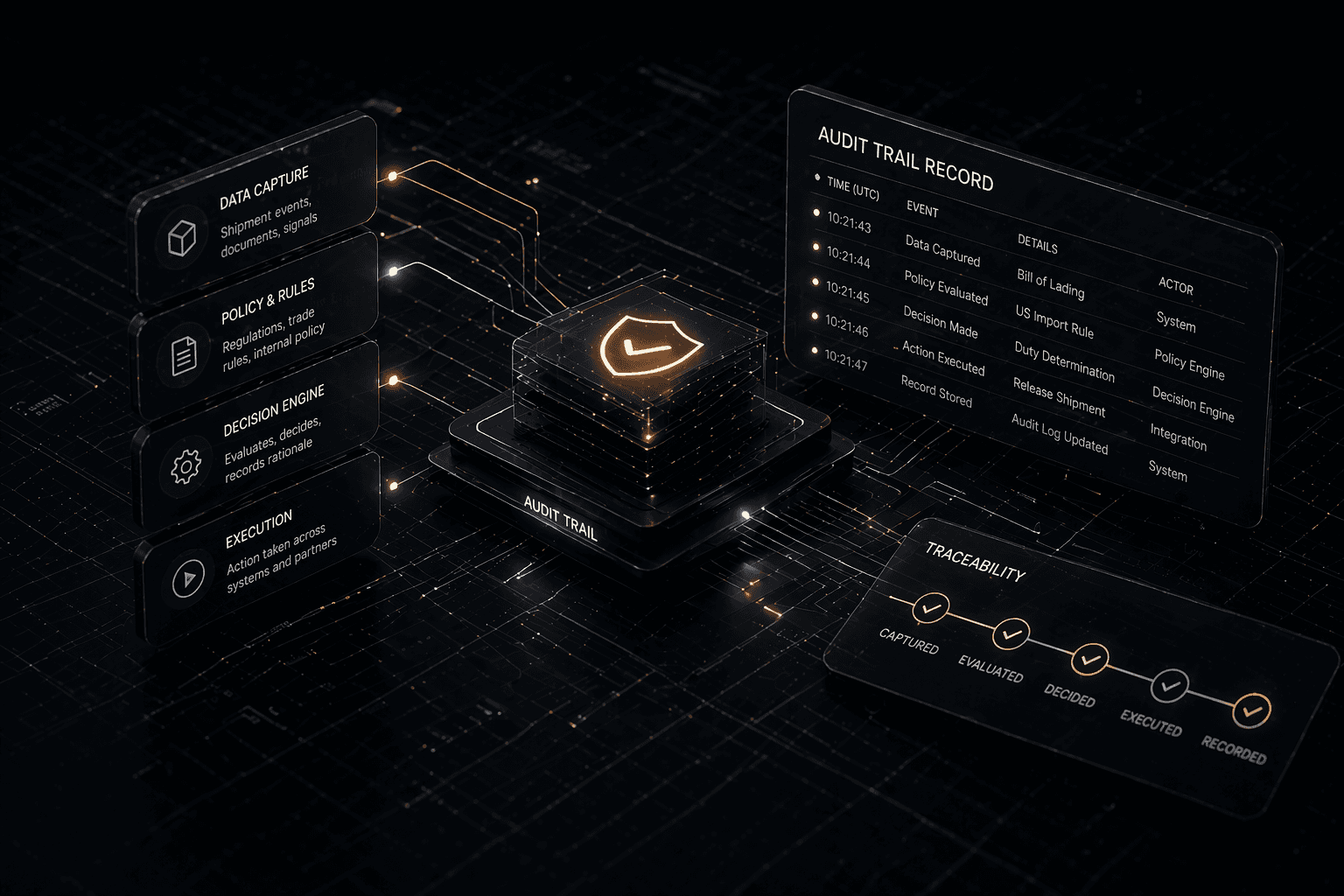 Abstract dark-mode audit system with a glowing central record hub connected to data capture, policy, decision, execution, and audit panels, representing audit-grade traceability, preserved event history, and reviewable operational evidence.