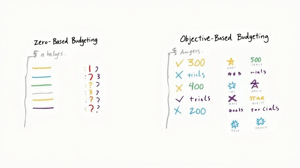 People working on a marketing budget, with charts and graphs in the background.