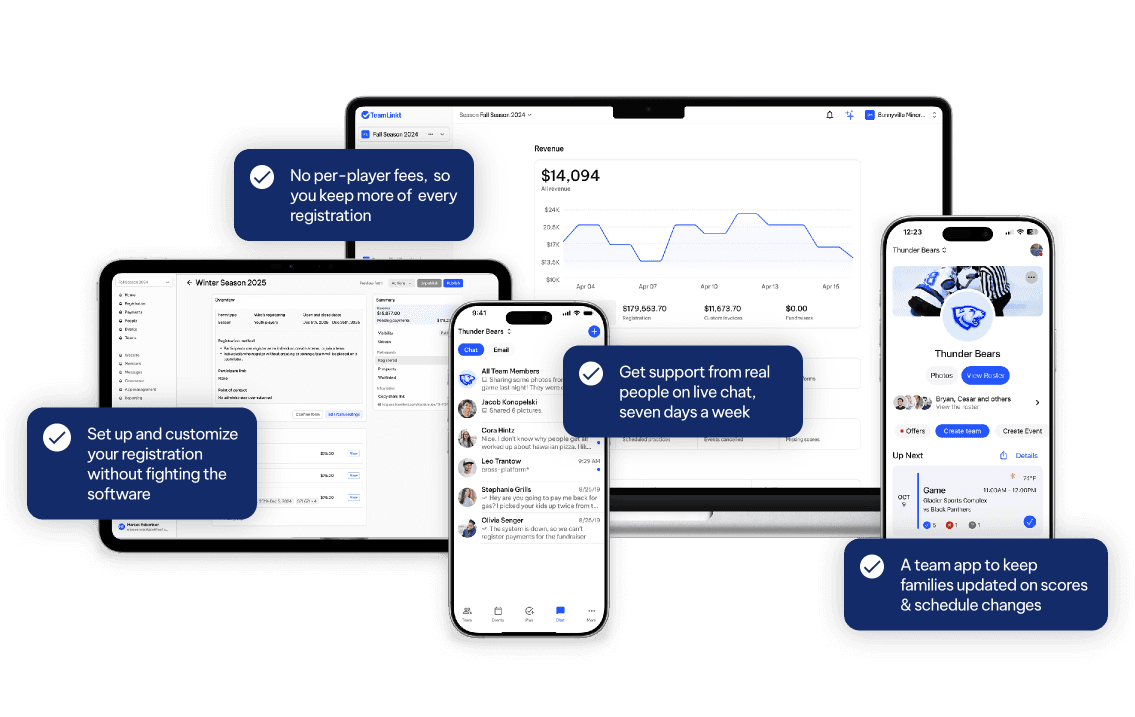 TeamLinkt sports management platform shown across tablet, desktop, and mobile with revenue tracking, team messaging, and scheduling tools