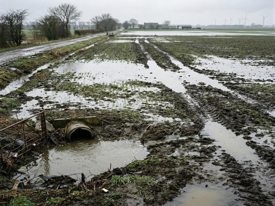 Waterlogged agricultural field showing poor drainage and water mismanagement
