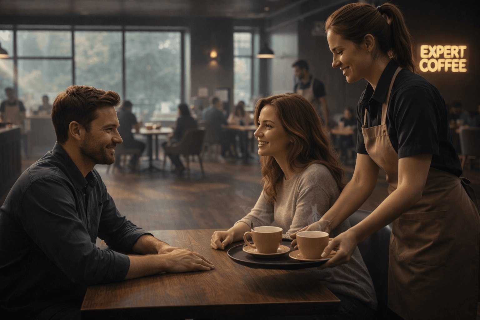 Barista serving coffee to seated customers at a café table while they converse in a relaxed setting.