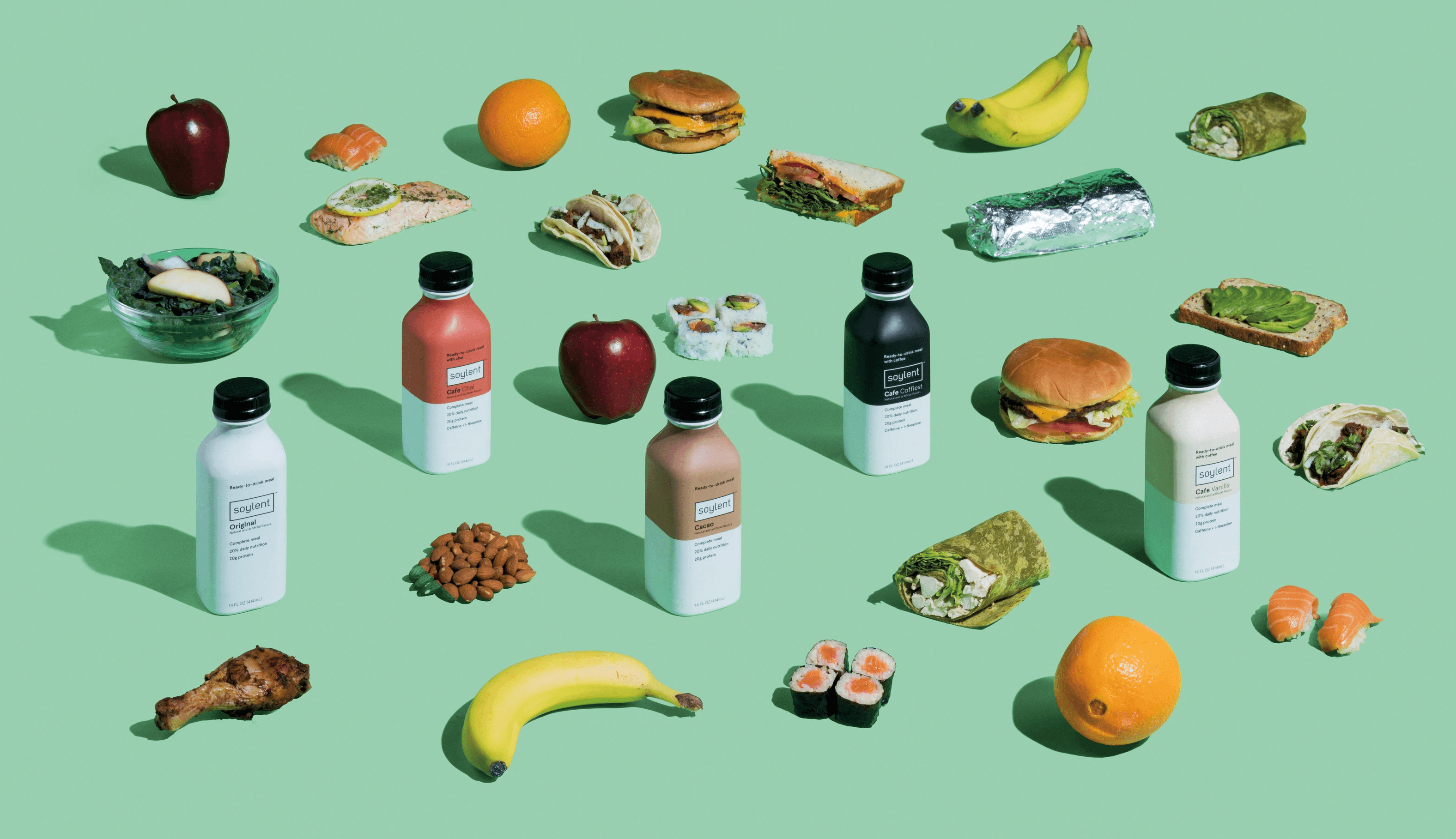 Soylent bottles amongst a selection of other meals and food options