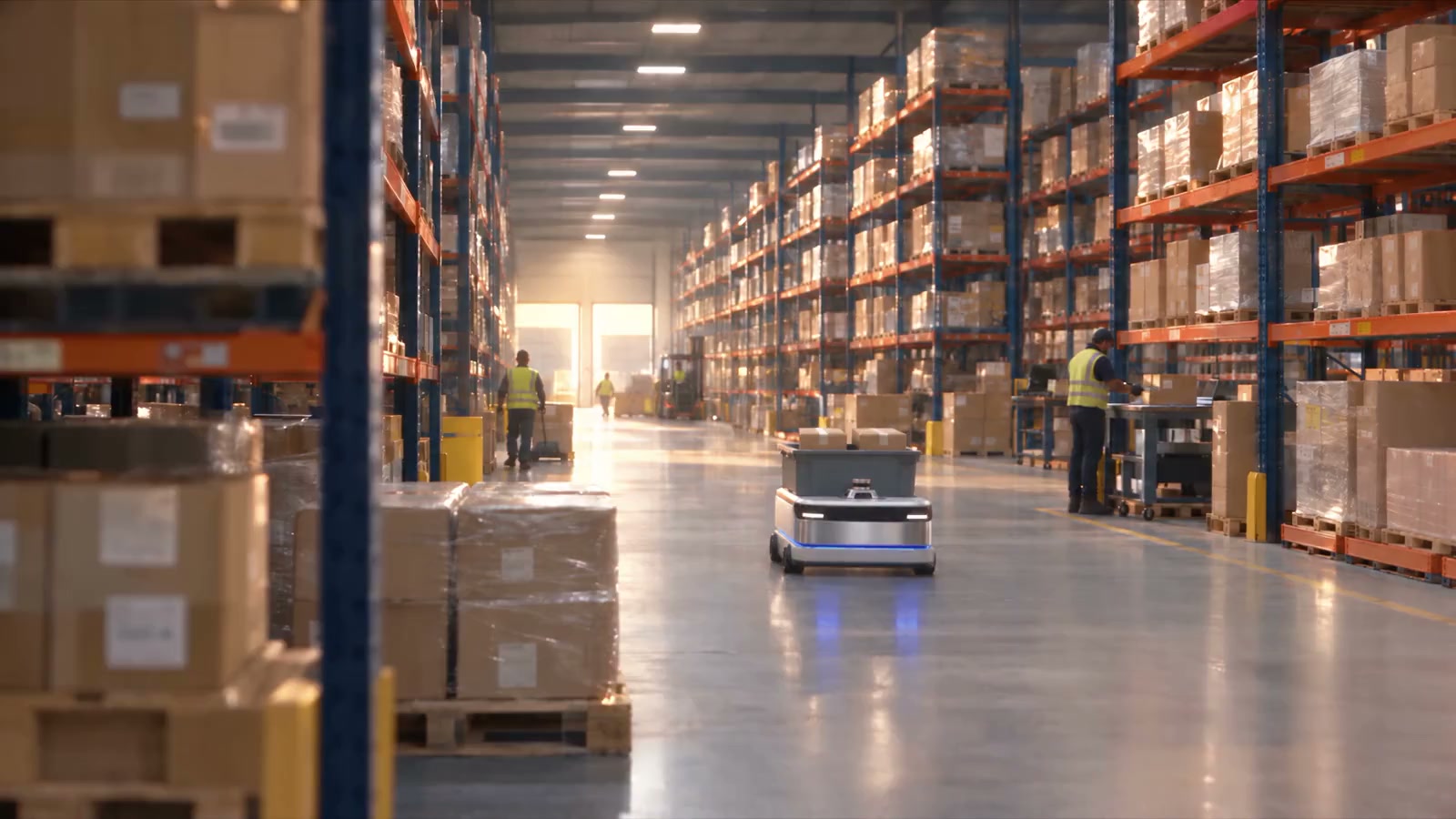 An autonomous robot carrying a bin through an active warehouse