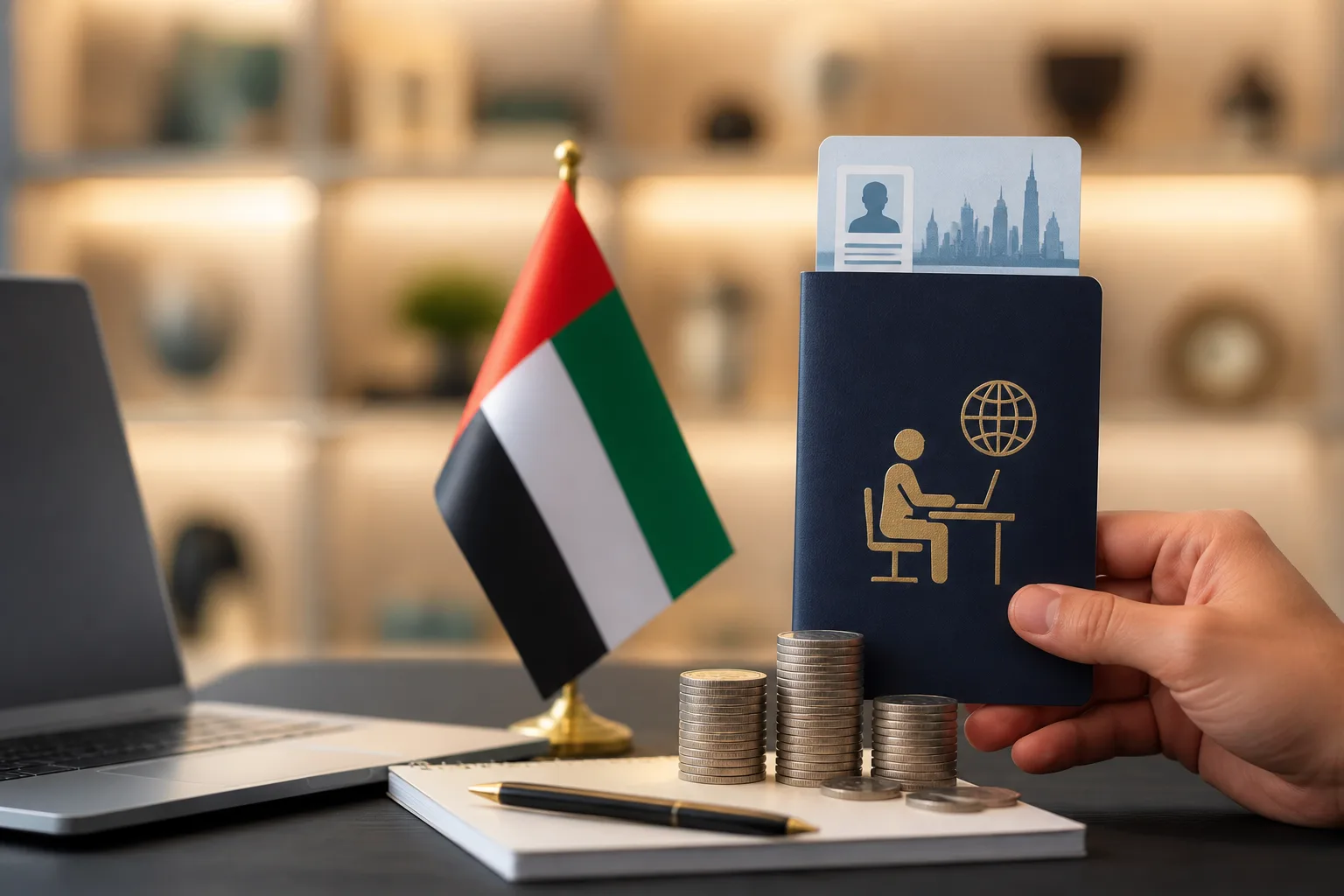 Freelance Visa in the UAE beside a passport, residence permit card and application calendar
