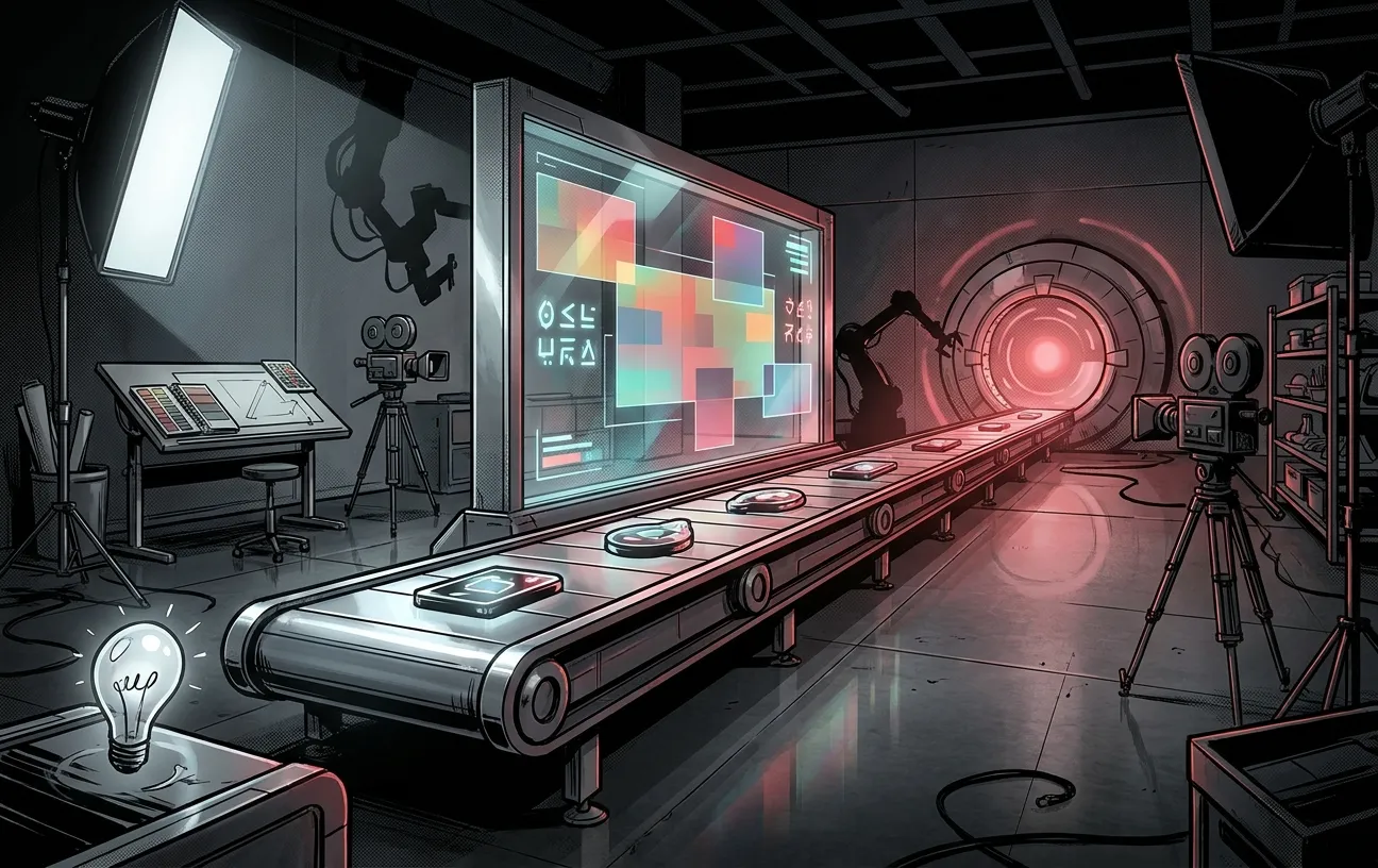 Futuristic factory with screens and conveyor belt. RockN' Socials Digital Marketing.