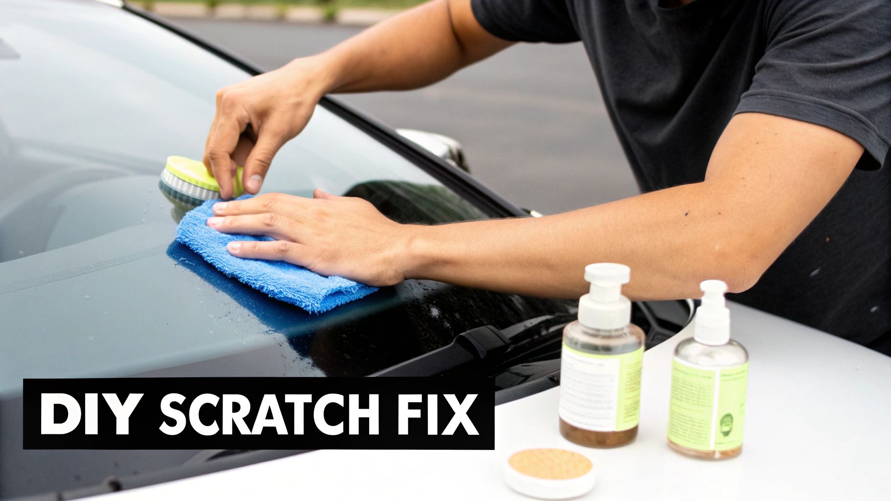 Person's hands cleaning a car windshield with a blue towel and brush for DIY scratch repair.