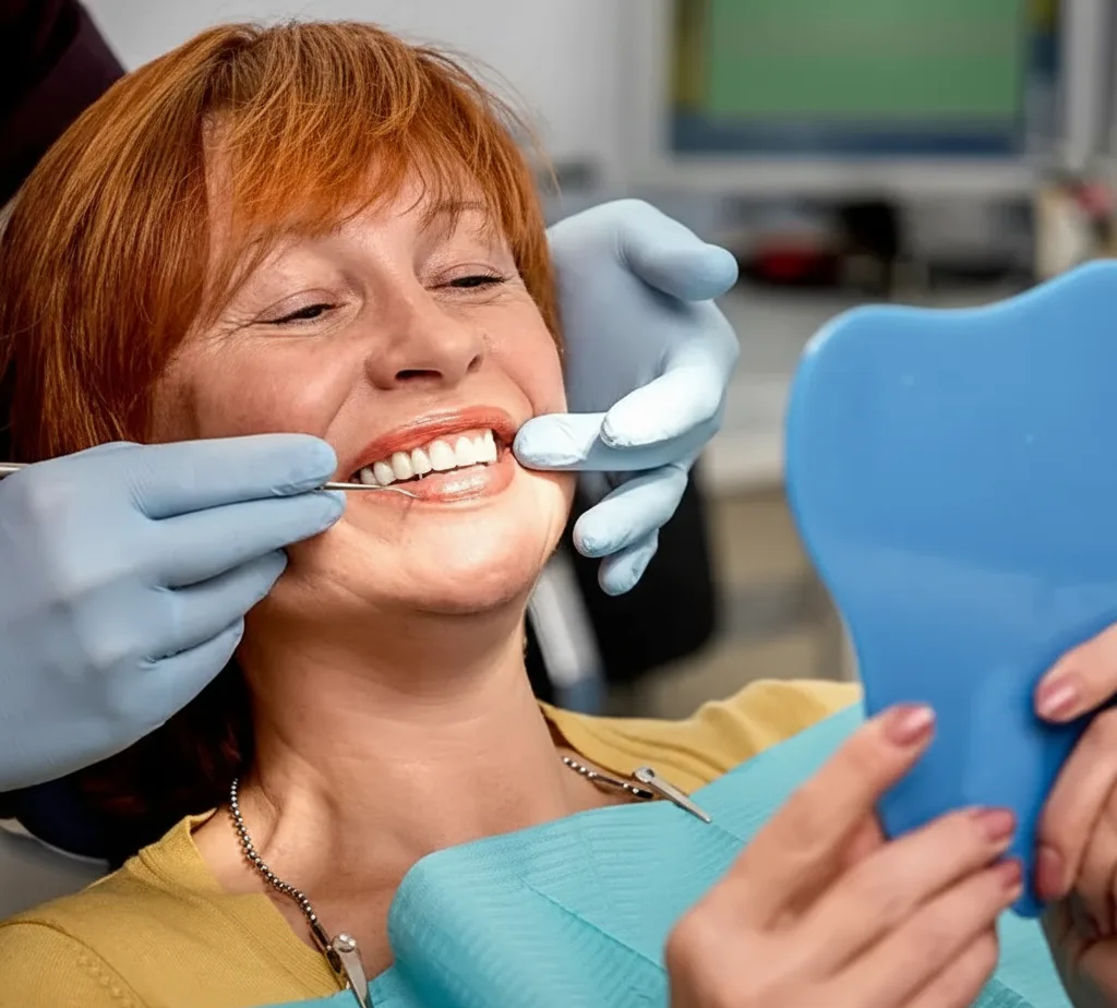 Patient holding a mirror while dentist checks dentures — representing denture fitting process