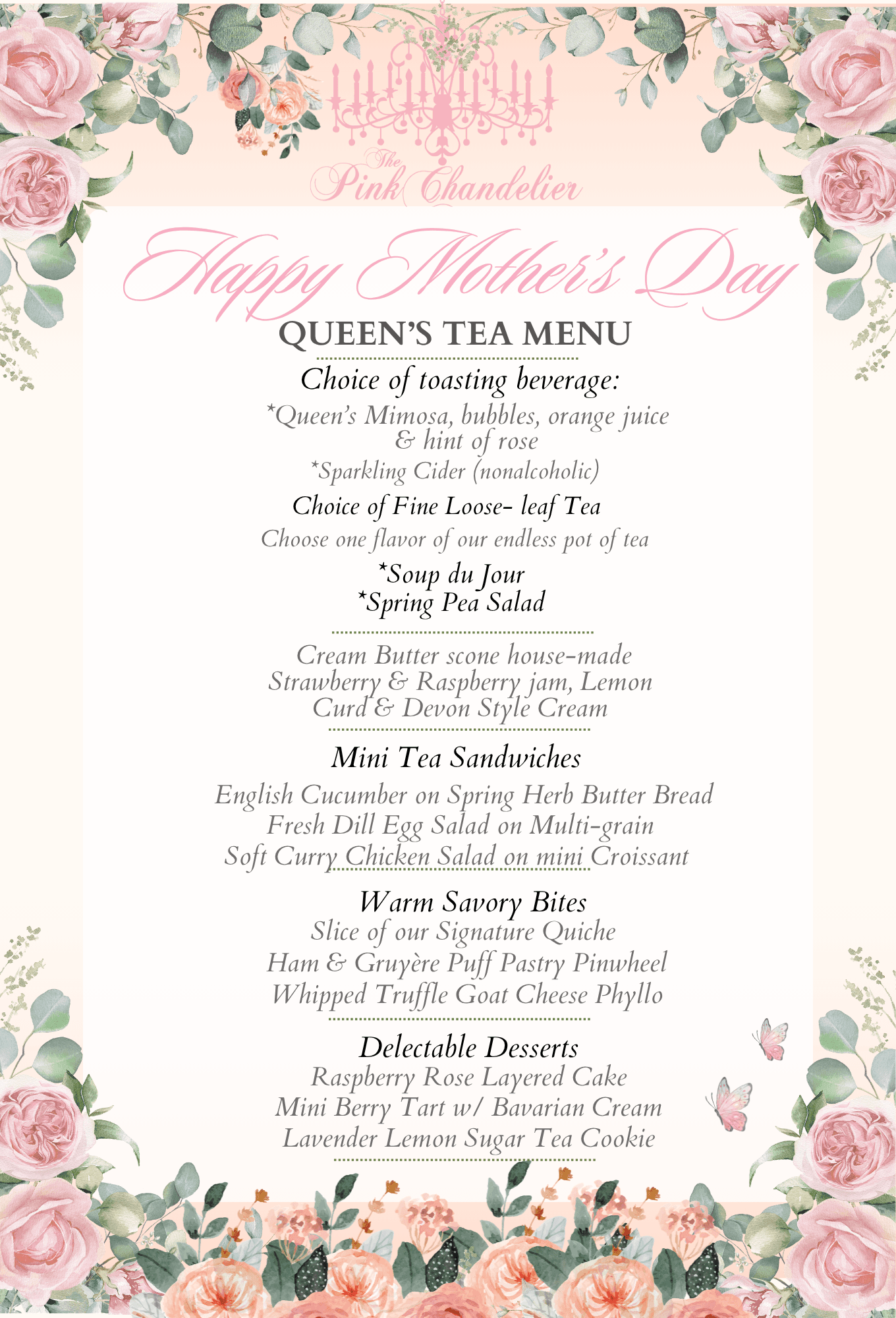 Afternoon Tea Menu at The Pink Chandelier