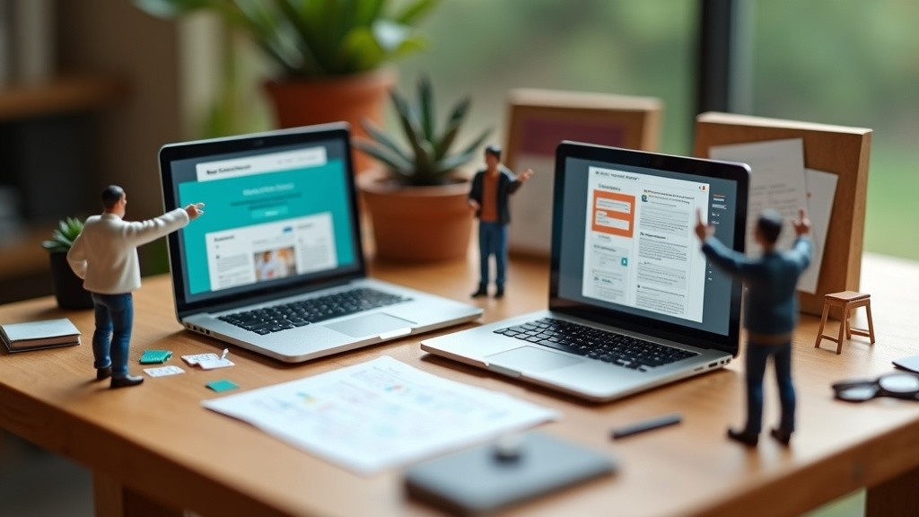 Miniature SaaS team comparing Framer and Webflow on a tiny website build table.
