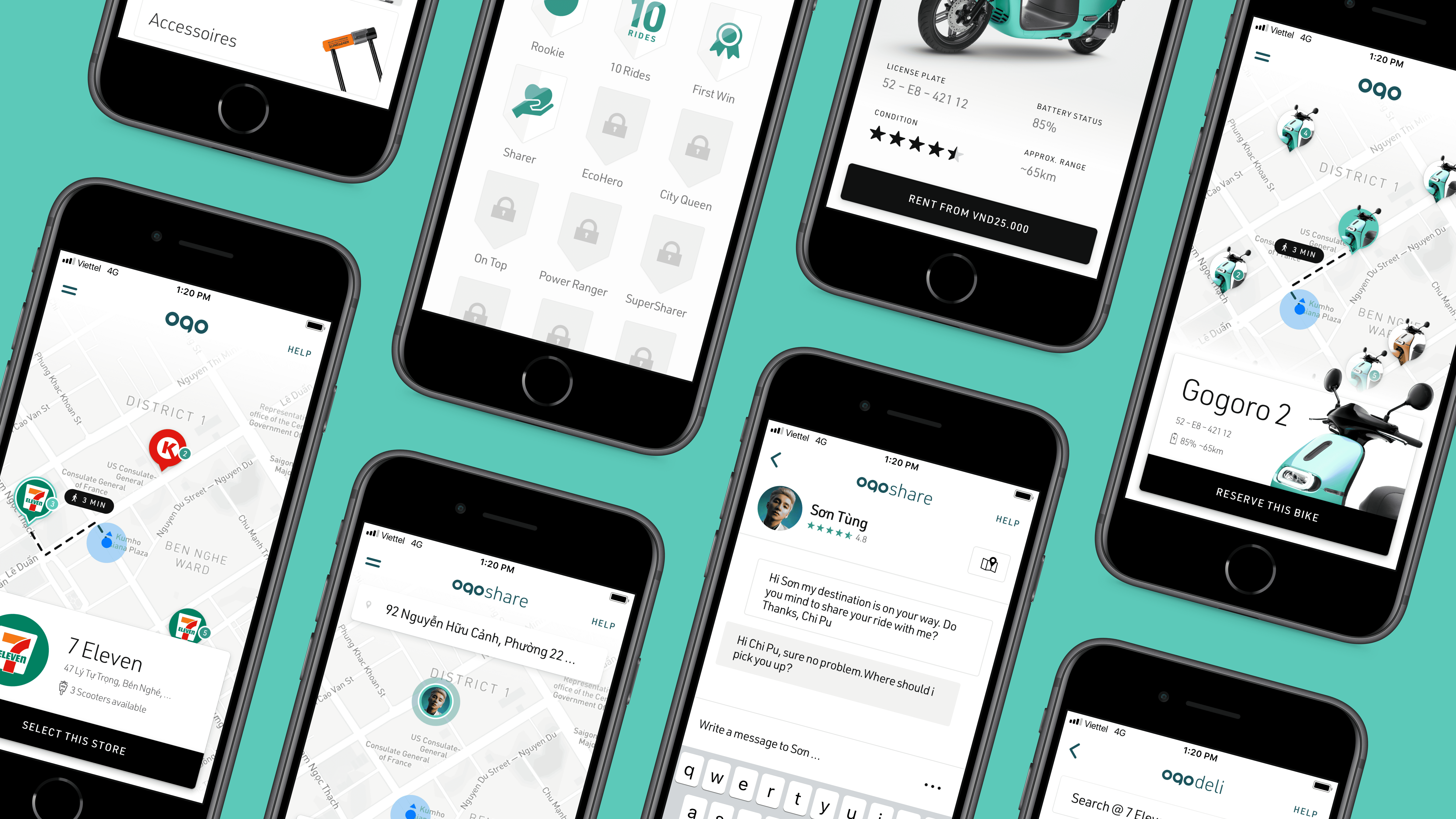 Mockup of multiple phone screens showing a scooter sharing app called ogo