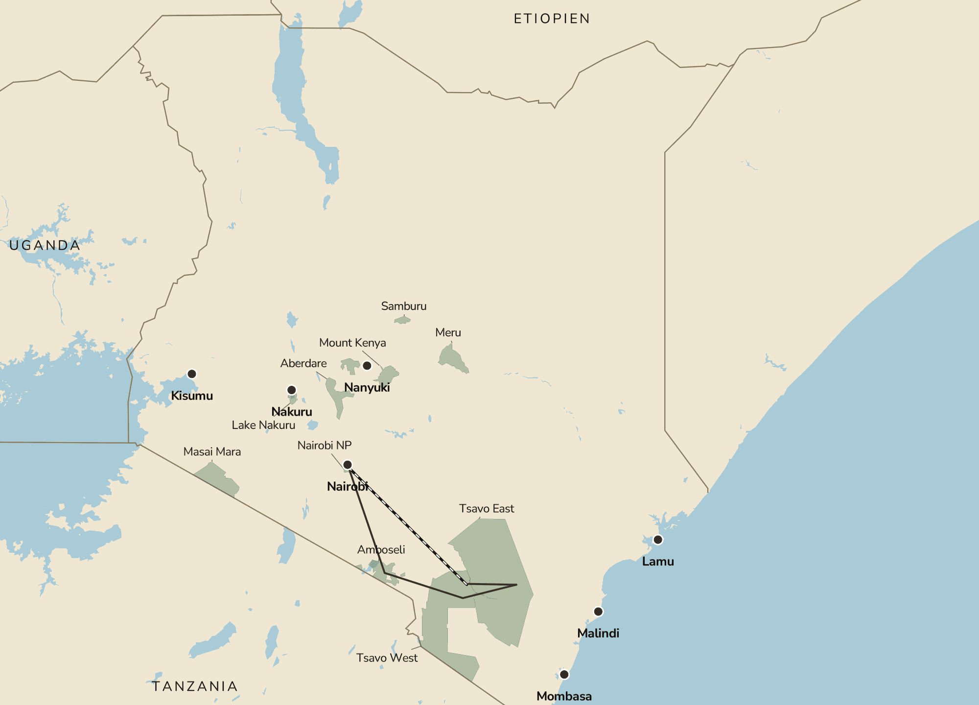 Kort over safarirejsen Fra Kilimanjaro til de røde elefanter med ruten gennem Amboseli, Tsavo West og Tsavo East i Kenya.