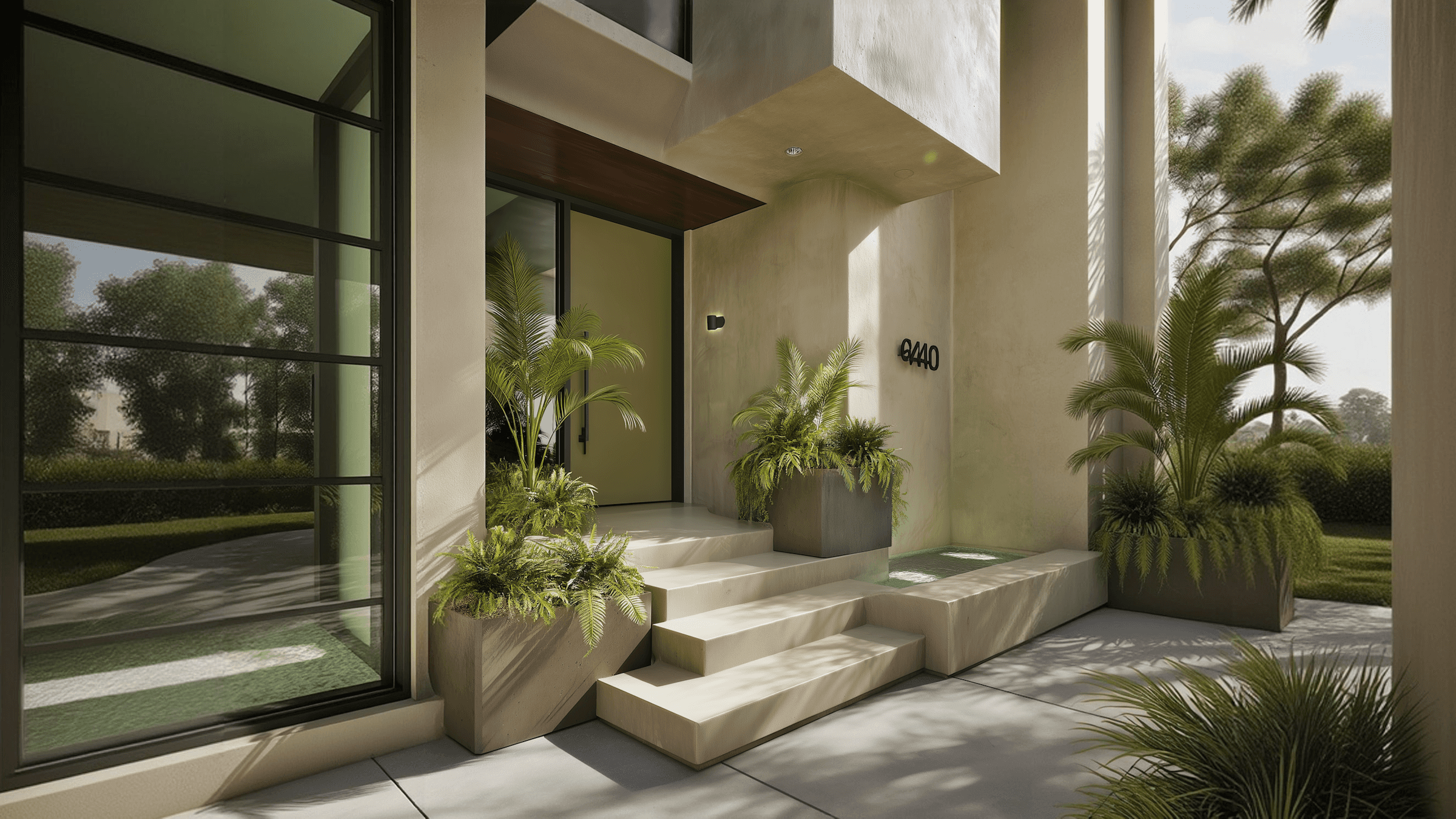 A modern entrance with stone steps, large glass doors, and potted plants, creating an inviting atmosphere.